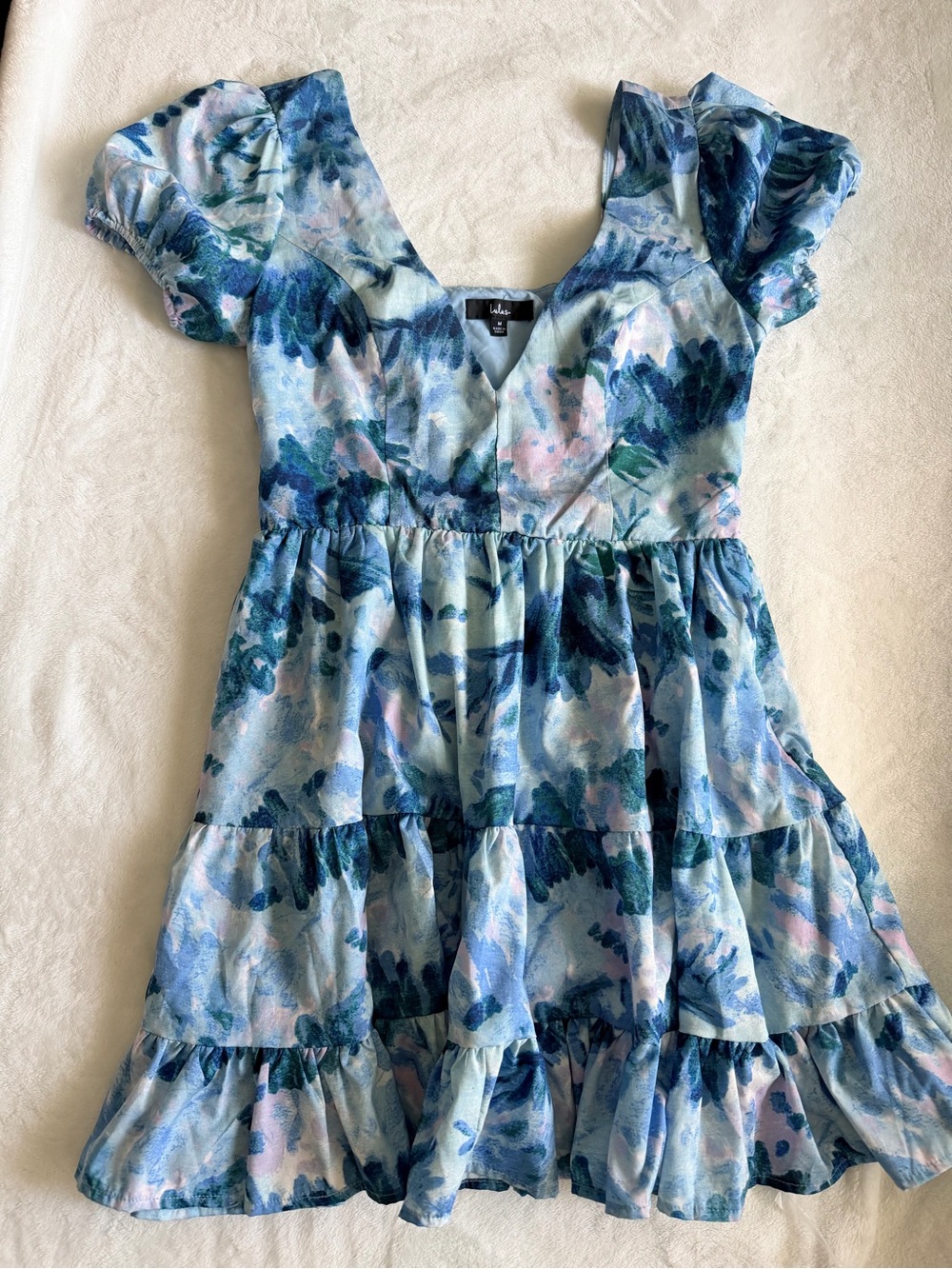 Lulu's Sky Blue Floral Tiered Puff-Sleeve Mini Dress